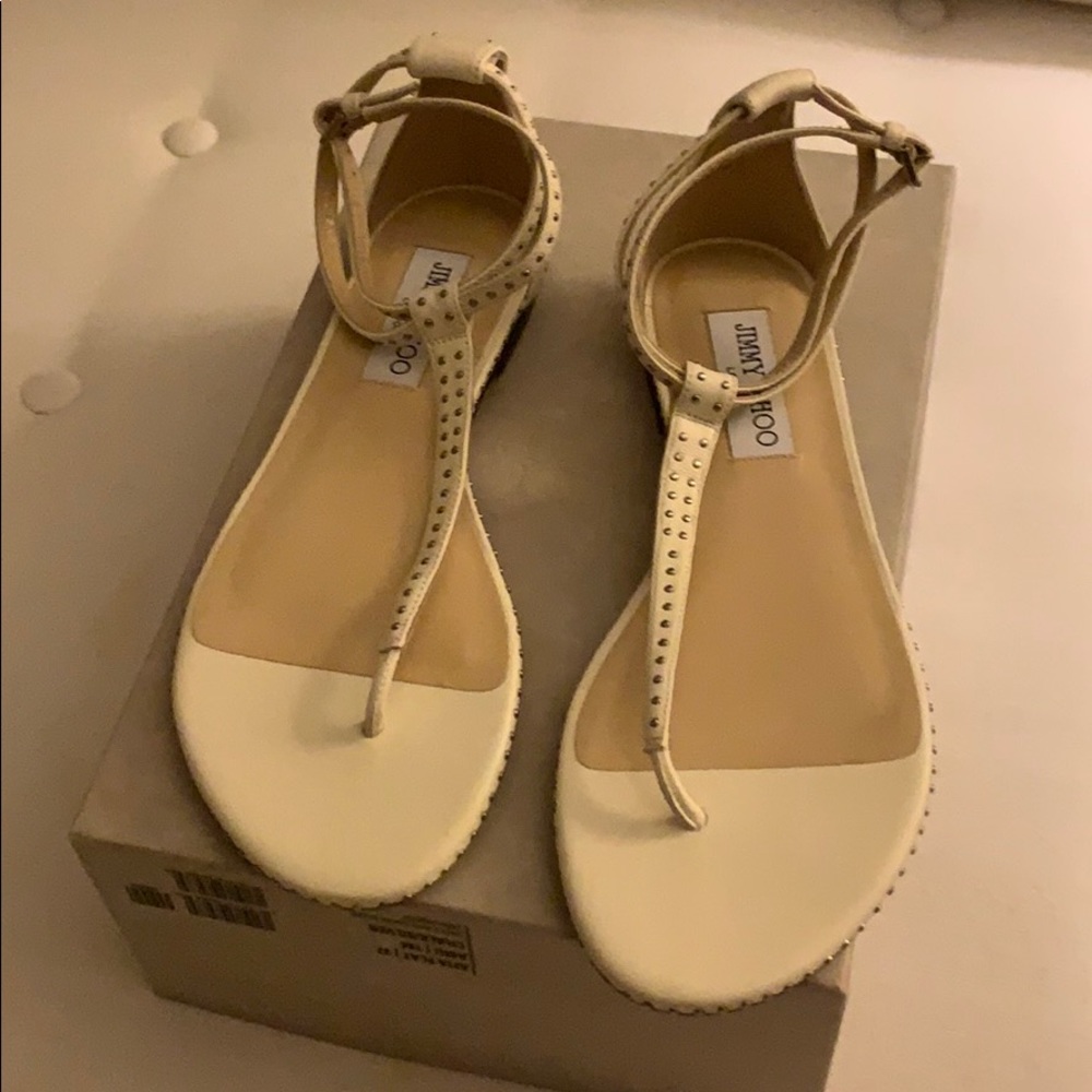 Jimmy Choo Afia Flat Sandals in Chalk/Silver